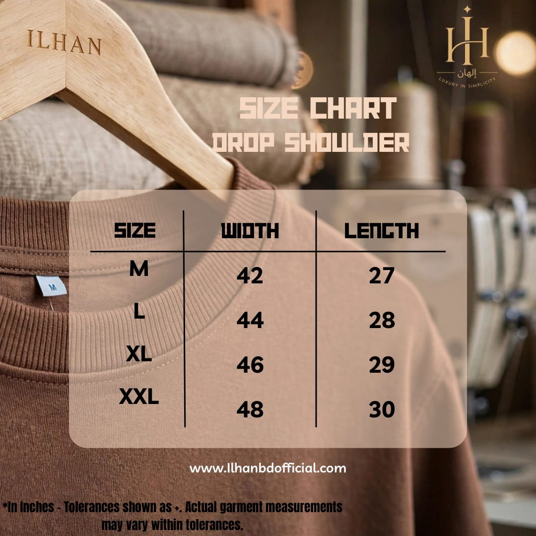 size chart of the drop shoulders t-shirts